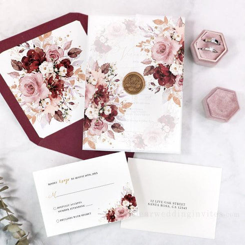 Burgundy Dusty Pink Roses Floral Vellum Wedding Invitation